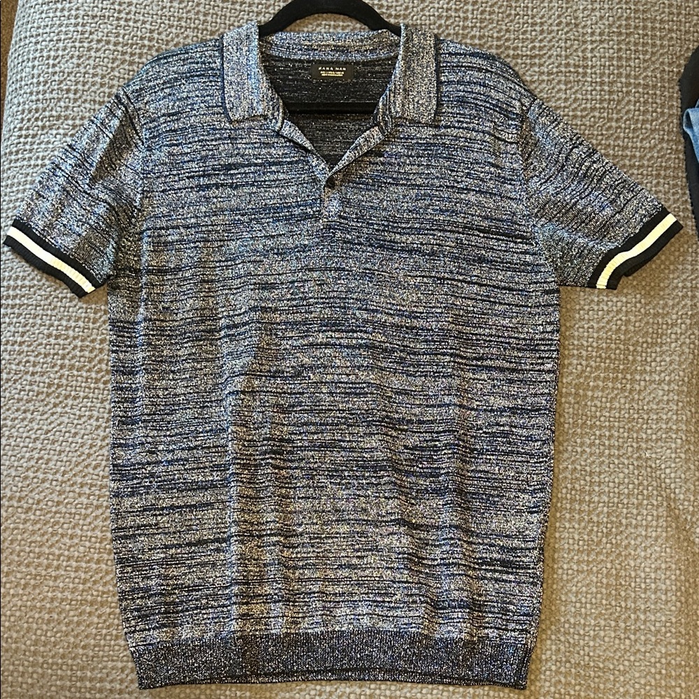 Zara Blue and Metallic Silver Knit Polo Shirt